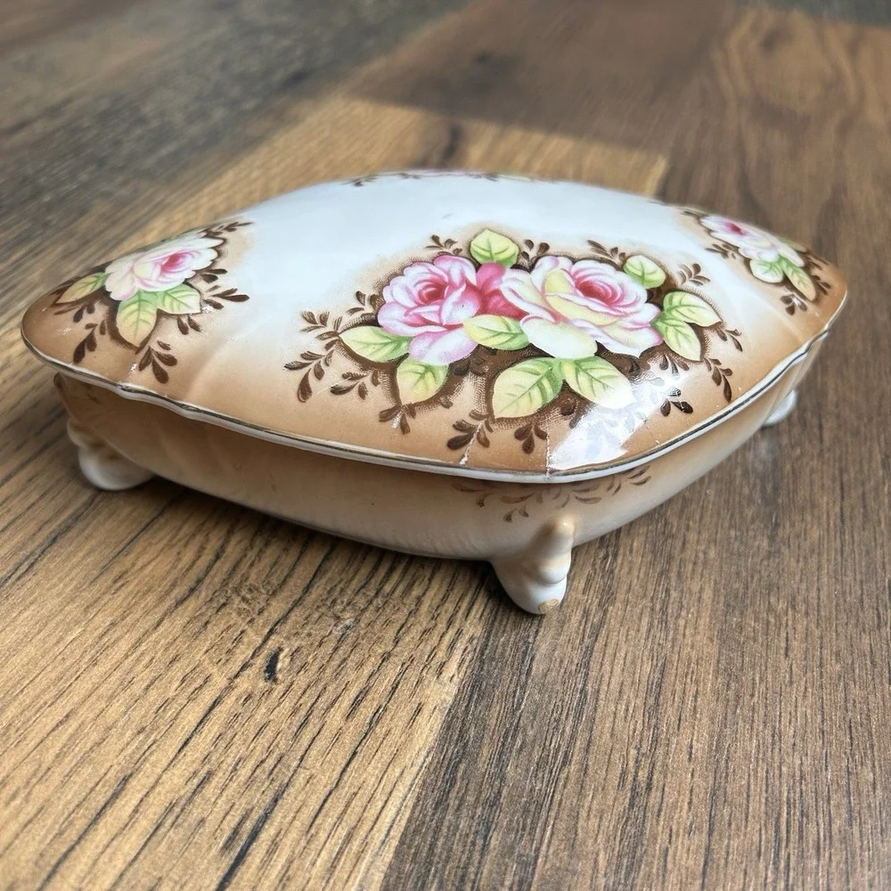 Ucagco Ceramics Japan Brown White Footed Trinket Box Pink Roses